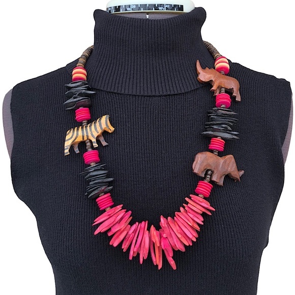 Vintage Chunky Boho Carved Wood African Safari Pink Brown Black Necklace - Picture 1 of 14
